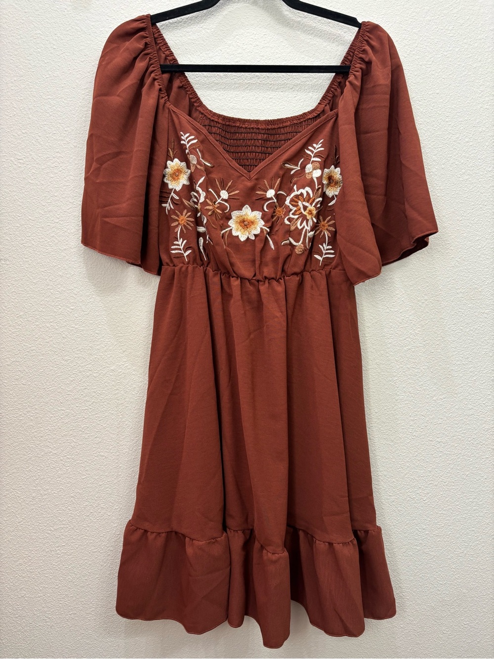 Rust Embroidered Flutter Sleeve Dress